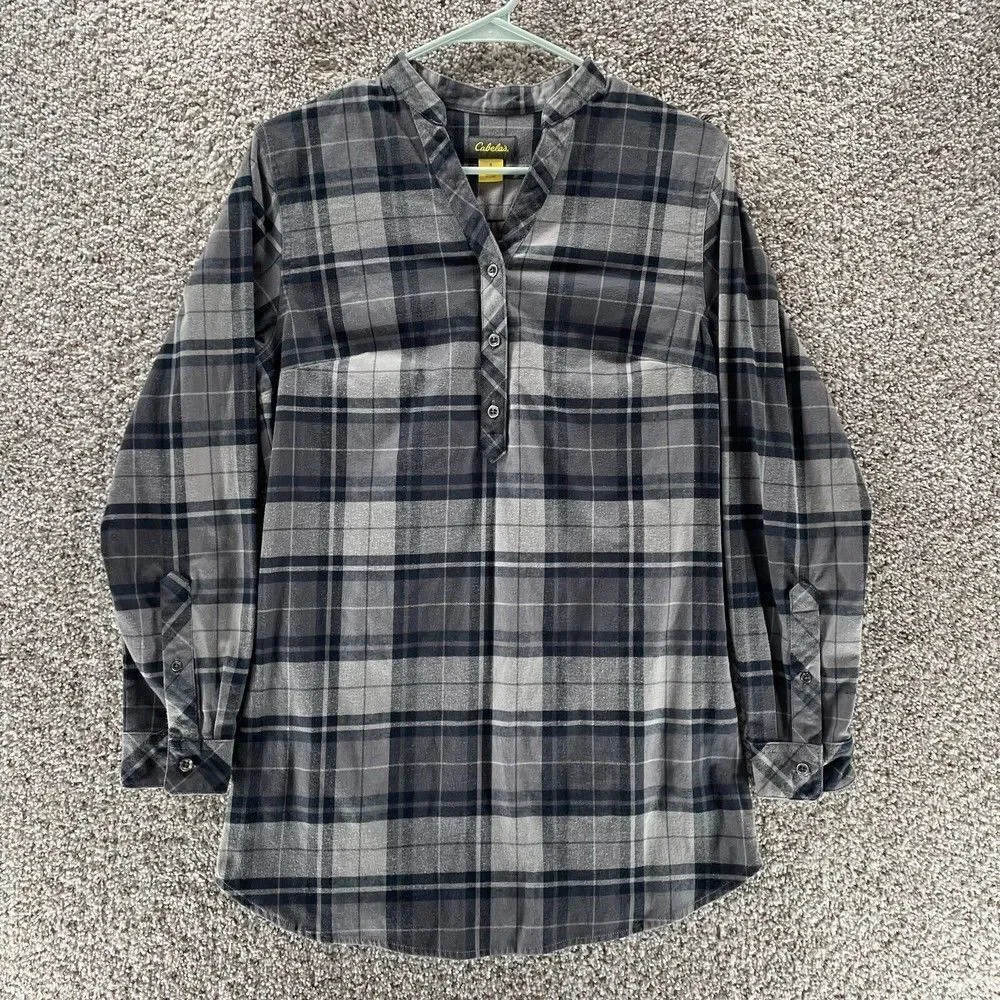 Cabela's Shirt Womens Small Grey Plaid Tunic Pullover Outdoors Casual Cotton